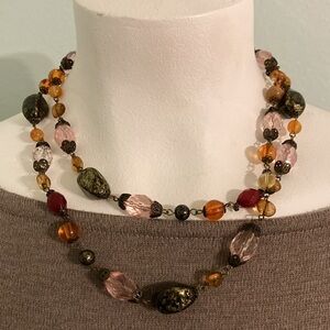 chunky acrylic lucite necklace pastel pink black orange brown antique goldtone